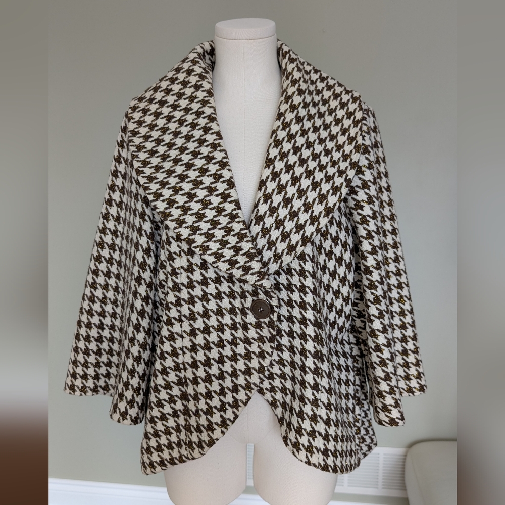 Red Coral Houndstooth Jacket Knit Blazer Style Metallic Thread XL